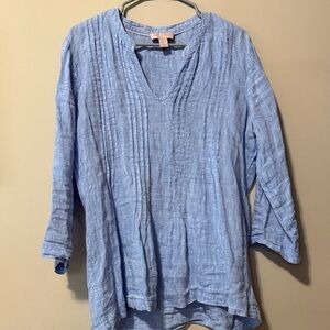 Saint Tropez Blue V-Neck Women's Top Linen Shirt Size XL
